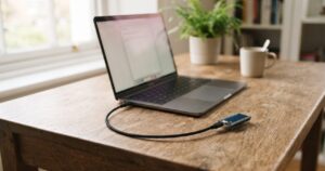 木製の机の上にノートパソコンとマイコンボード、USBケーブルが自然に置かれている情景