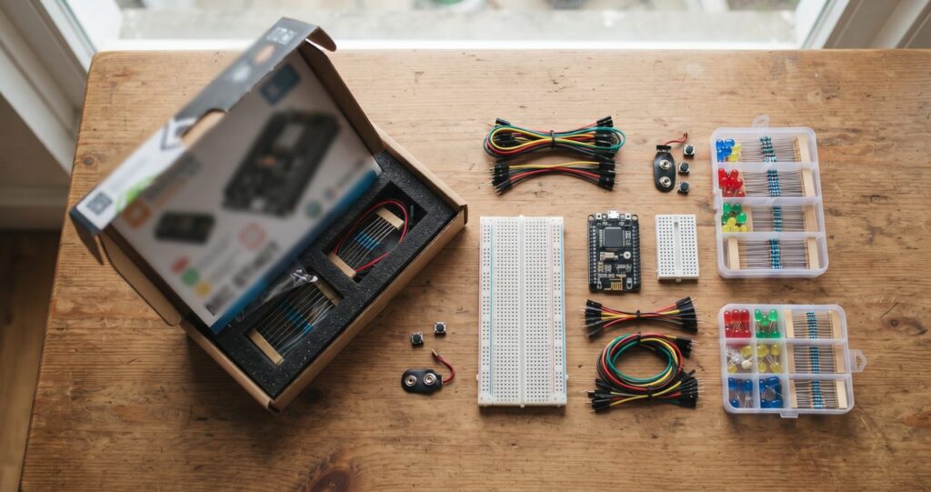 開封されたスターターキットの箱の中身が机の上に整然と並べられている、電子工作の準備をイメージさせる情景