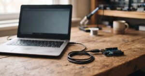 木製の机の上に開いたノートパソコンとマイコンボード、USBケーブルが並んでいる、環境構築をイメージさせる情景