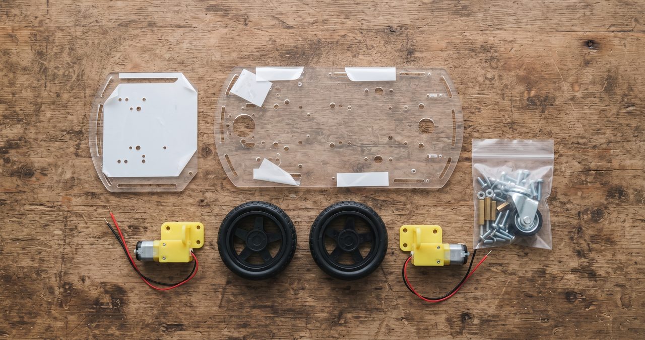 2WDシャーシキットの部品一式(車体パネル、タイヤ2個、DCモーター2個、ネジ類)を木製の机の上に開封して並べた俯瞰の物撮り写真