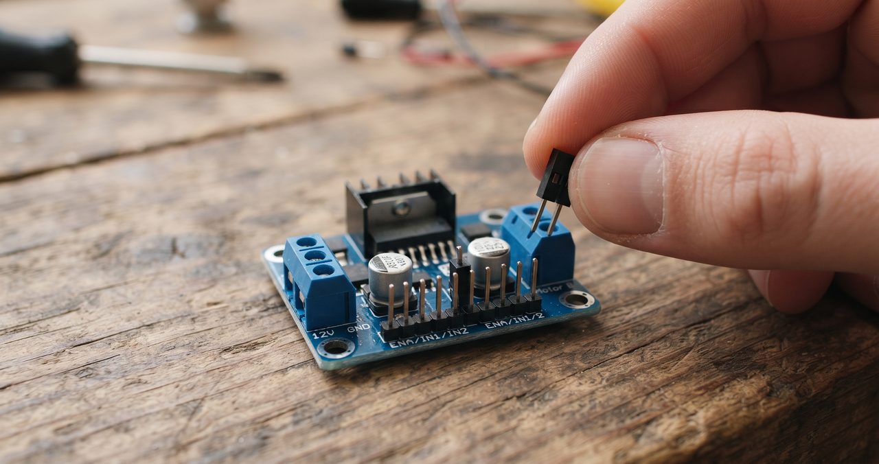 L298Nモータードライバ基板のENA端子に刺さったジャンパキャップを指で抜き取っている様子、もう一方のジャンパキャップはまだ端子に残っている