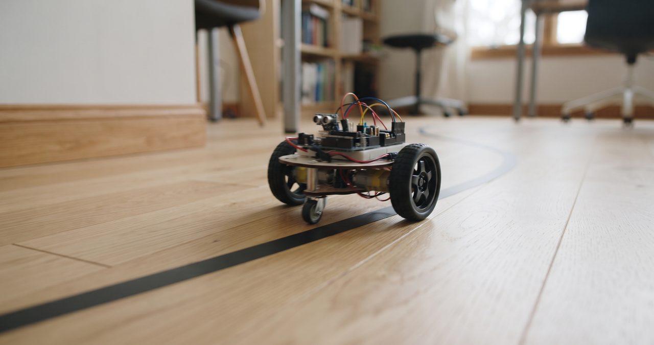 床に貼られた黒いテープのラインの上を小型の車輪ロボットが走行している様子、床に近い低い視点から撮影した写真