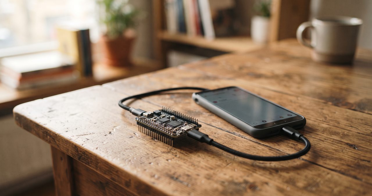 木製の机の上に小型のマイコンボードとスマートフォン、USBケーブルが自然に置かれている情景