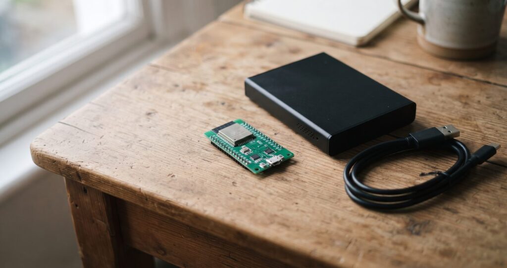 木製の机の上に小型のマイコンボードとUSBケーブル、黒い小箱が自然に並べて置かれている情景