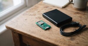 木製の机の上に小型のマイコンボードとUSBケーブル、黒い小箱が自然に並べて置かれている情景