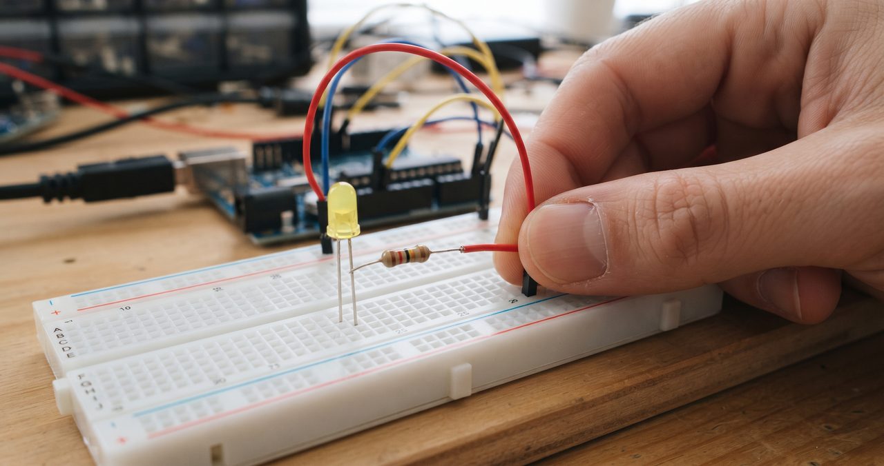 ブレッドボード上でLEDの足が抵抗器を経由してジャンパー線につながっている配線を手元でクローズアップした写真、USBケーブルは外れた状態