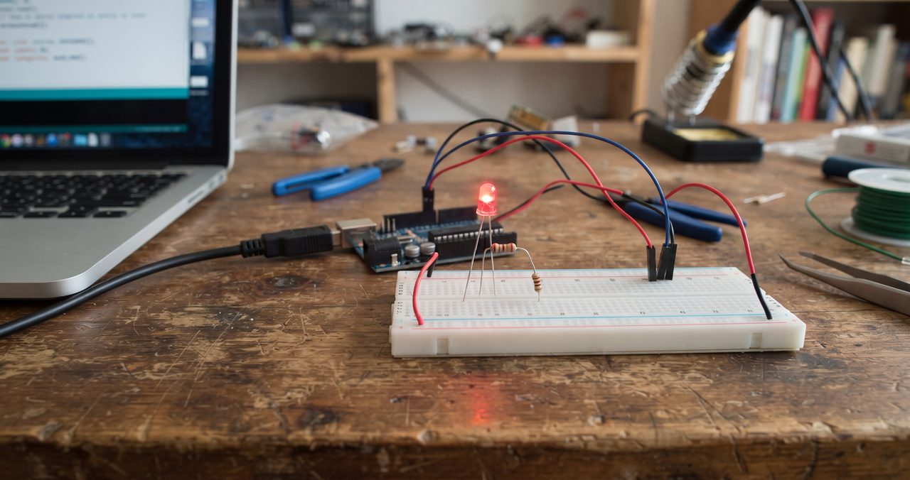 ブレッドボード上のLEDが点灯し、抵抗器とジャンパー線を介してマイコンボードにつながっている机上の様子、USBケーブルでパソコンに接続されている