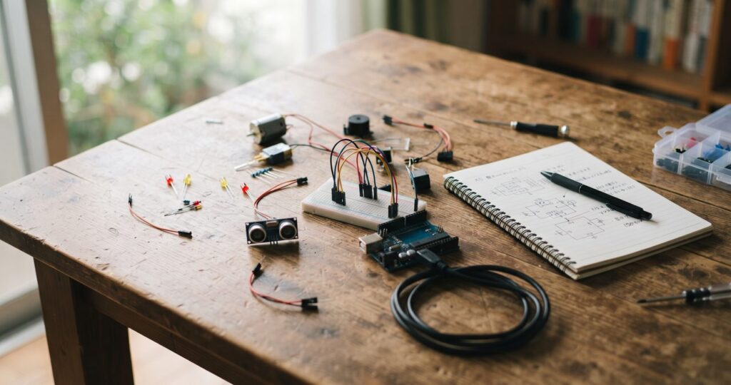 木製の机の上に電子部品やモーター、Arduino互換ボード、ノート、USBケーブルが自然に置かれた自由研究らしい情景