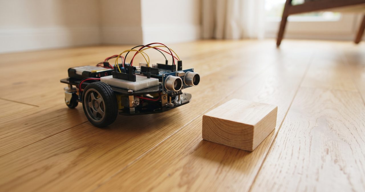 超音波距離センサーを前部に取り付けた小型の車輪ロボットが、フローリングの床の上で木製ブロックの障害物の手前に停止している低い視点の写真
