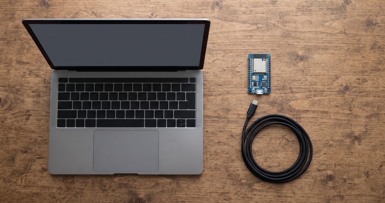 ノートパソコンの前にマイコンボードとUSBケーブルが置かれ、まだ接続されていない机上の風景