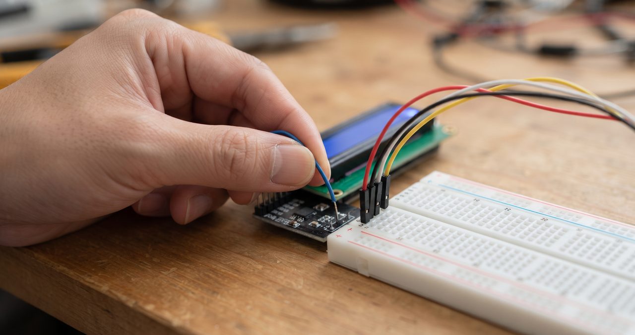 片手が青色LCDディスプレイモジュールの背面のI2C変換基板から伸びるジャンパー線をブレッドボードに差し込んでいる途中のクローズアップ写真
