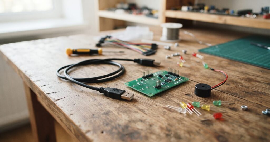 木製の机の上に小さな円形の圧電ブザー部品、LED数個、USBケーブルが自然に置かれている情景