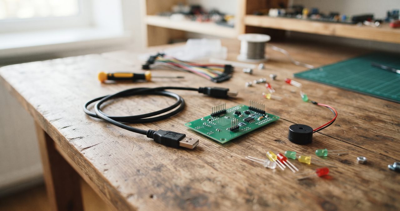 木製の机の上に小さな円形の圧電ブザー部品、LED数個、USBケーブルが自然に置かれている情景