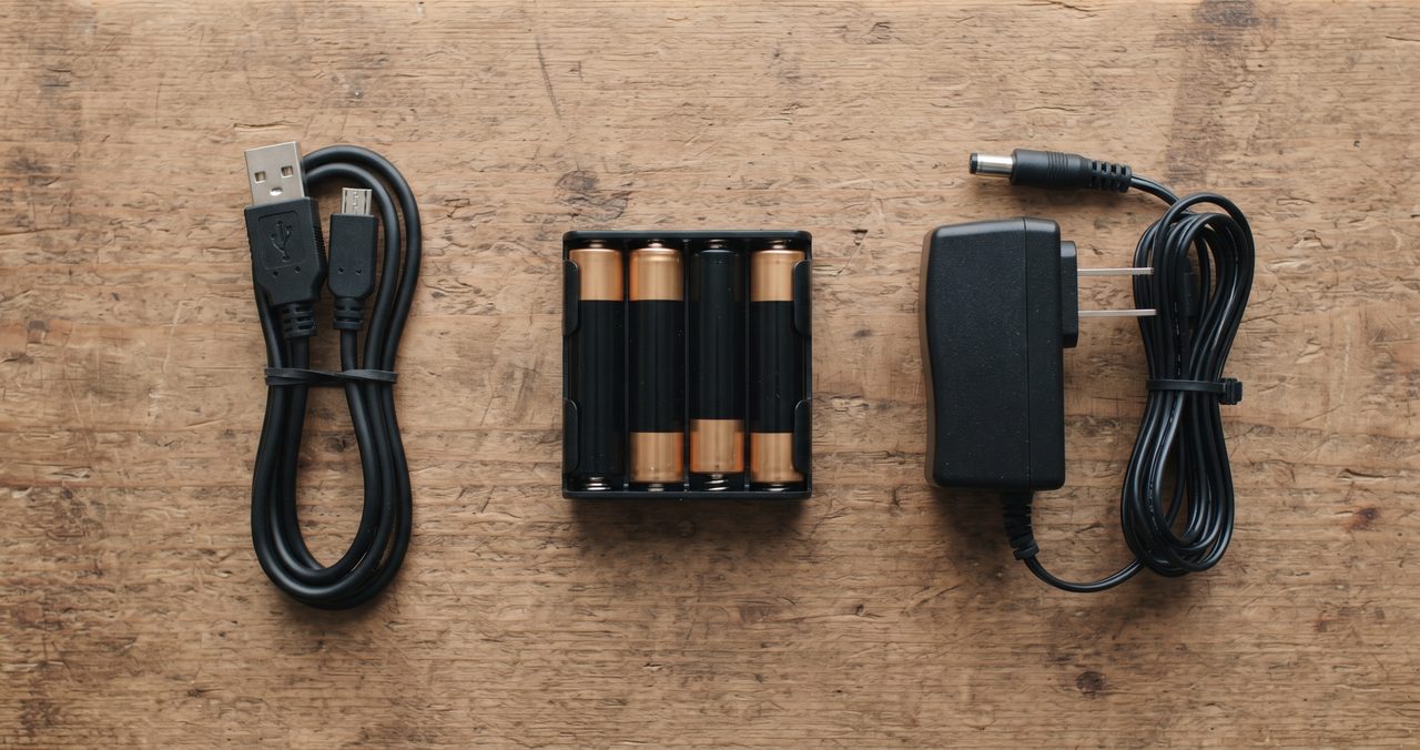 USBケーブル、黒い電池ボックスに入った単3電池、丸型プラグのACアダプタの3種類を種類ごとに並べた俯瞰の物撮り写真
