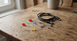 木製の机の上に赤・緑・青・黄色など色違いのLED数個と抵抗、USBケーブルが自然に置かれている情景