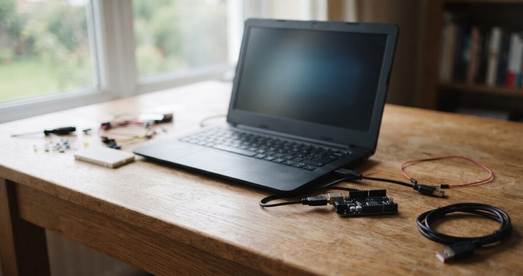 木製の机の上に黒いプラスチック筐体の一般的なノートパソコンと小型のマイコンボード、USBケーブルが自然に置かれている情景