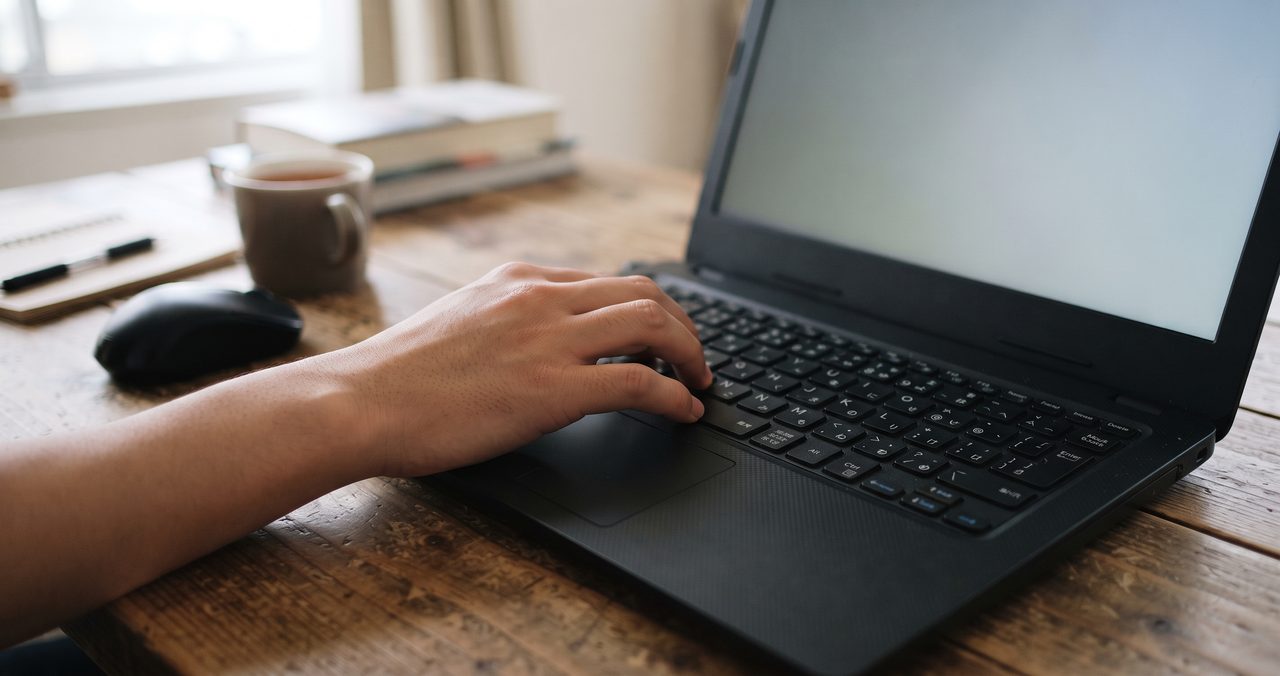 片手がノートパソコンのキーボードを操作している途中の様子を斜め上から撮影したクローズアップ写真