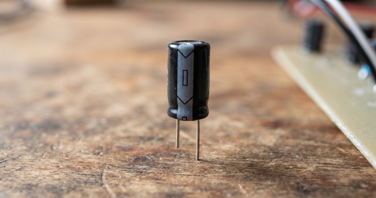 円筒形の電解コンデンサの側面に入った縦長のグレーの帯(マイナス極のマーキング)がはっきり見えるマクロクローズアップ写真