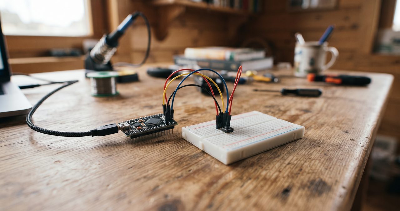 ブレッドボードに挿さった四角い黒っぽいタクトスイッチと小型のマイコン基板がジャンパー線でつながれている引きのアングルの写真