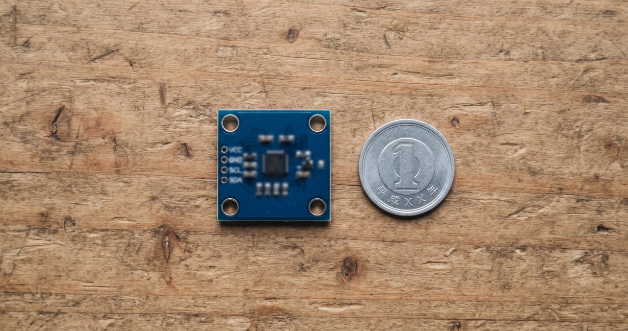 小さな正方形の青い基板(MPU6050モジュール)を1円玉と並べて大きさの比較ができるように撮影した俯瞰のマクロ物撮り写真