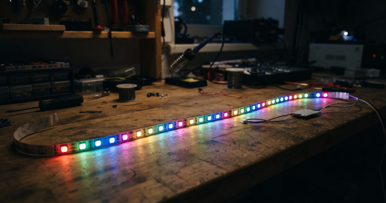 薄暗い室内で木製の机の上のフルカラーLEDテープが赤・緑・青・黄色など複数の色に1つずつ点灯している引きのアングルの写真