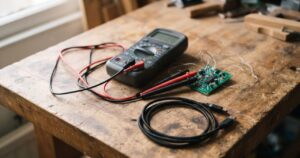 木製の机の上にデジタルテスター本体とテストリード、小さな電子基板、USBケーブルが自然に置かれている情景