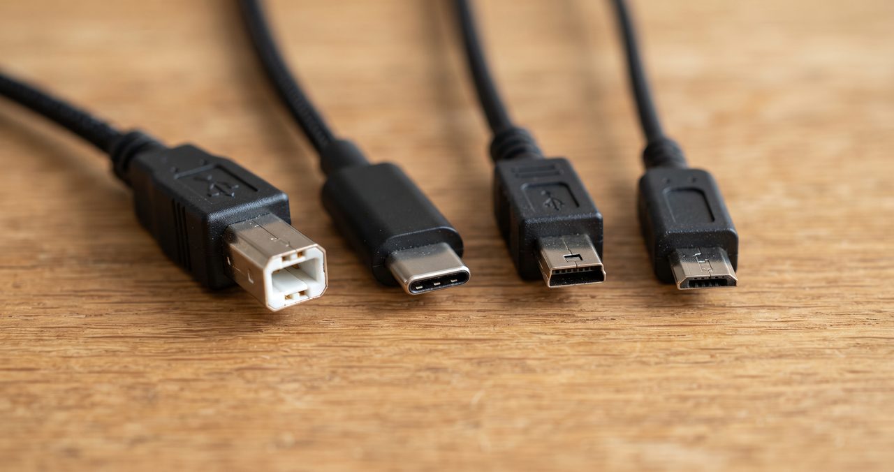 4本のUSBケーブルの先端だけを木製の机の上に並べたクローズアップ写真、Type-B・Type-C・Mini-B・micro-Bの形状の違いがわかる比較