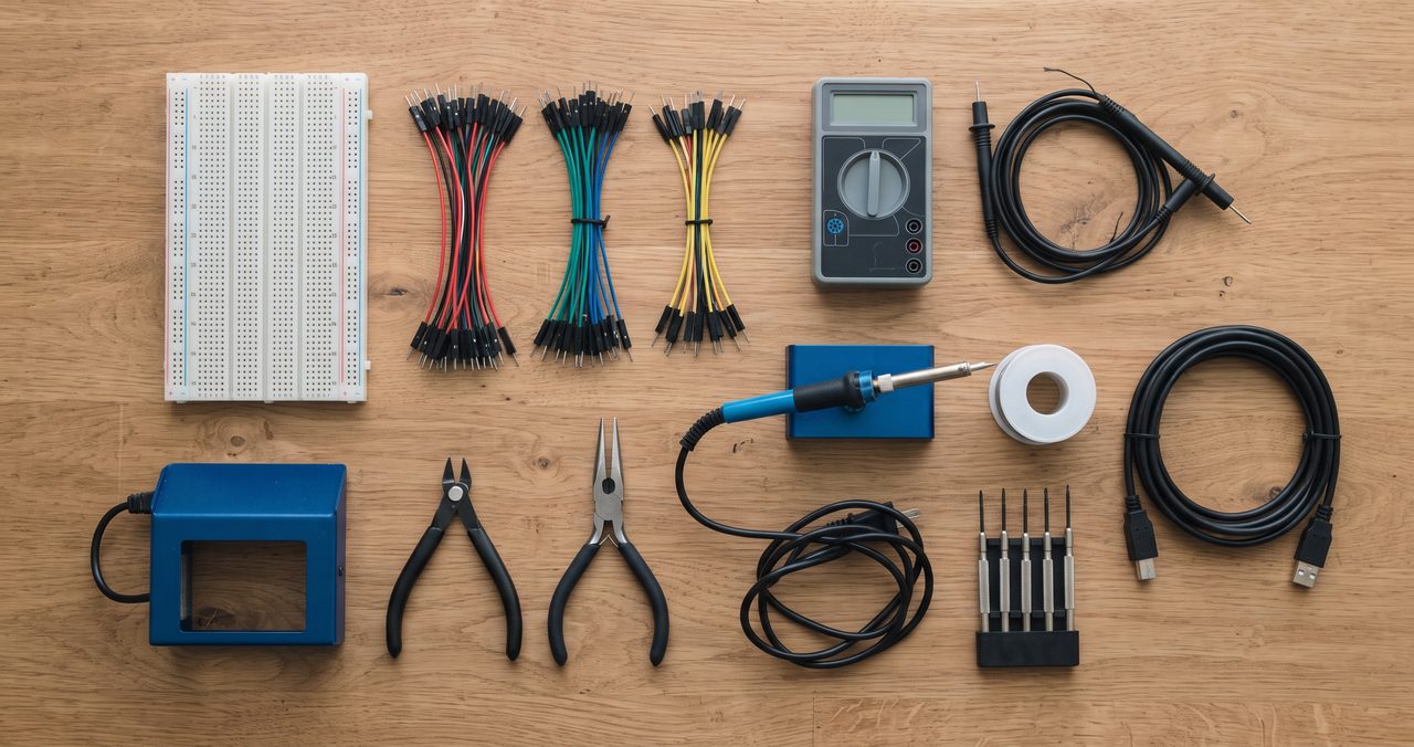 木製の机の上にブレッドボード・ジャンパー線・テスター・はんだごて・USBケーブルなど電子工作の道具一式を俯瞰で並べた物撮り写真