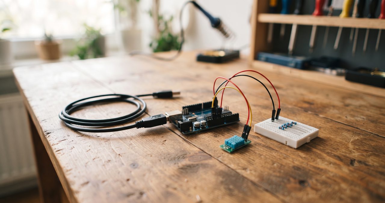 木製の机の上にArduino互換ボードとUSBケーブル、ブレッドボード、温湿度センサーモジュールなど電子部品が自然に置かれている情景