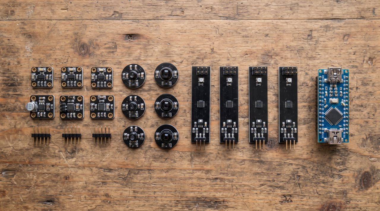 形の異なる小型センサーモジュール数個とArduino互換ボードが木製の机の上に種類ごとに並べられている俯瞰の物撮り写真