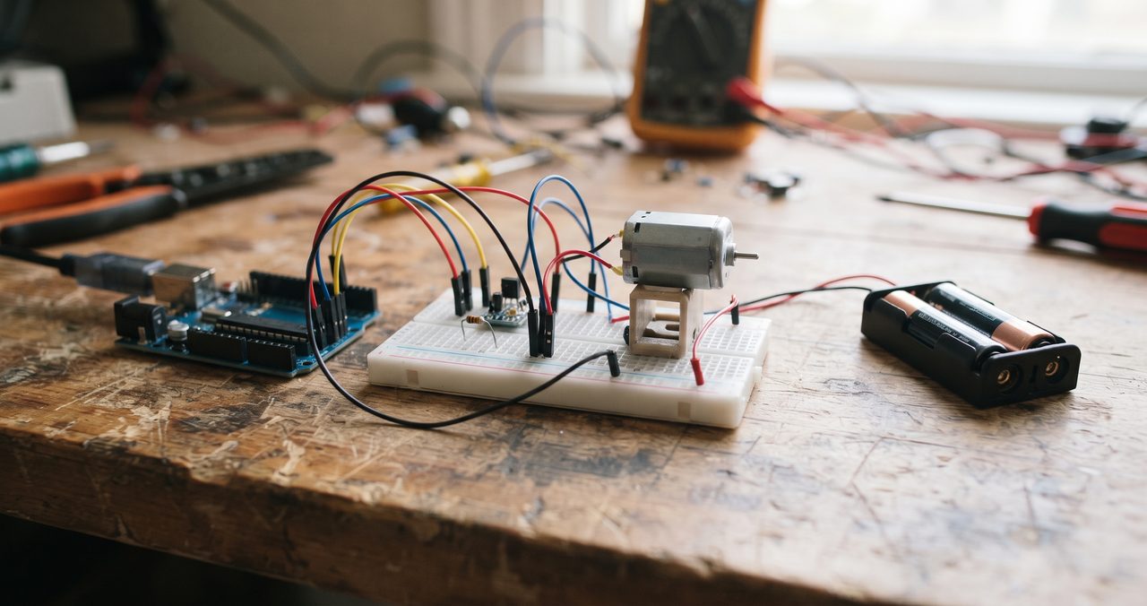 ブレッドボードに小型モーターがつながれ、単三電池ボックスのような外部電源とArduino互換ボードも一緒に配線されている物撮り写真