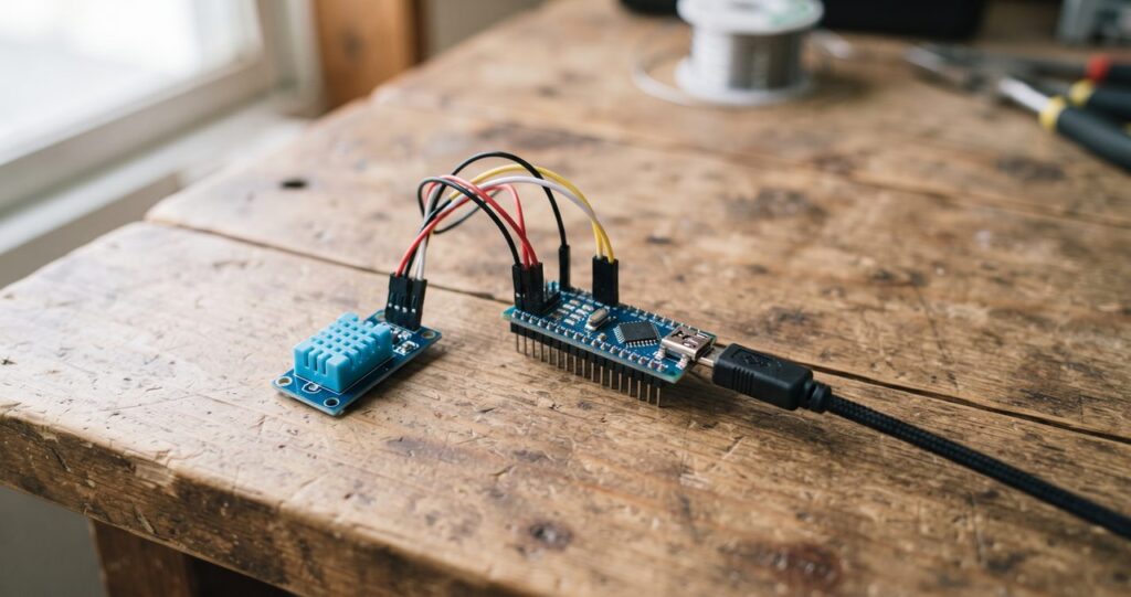 木製の机の上に青色の基板の温湿度センサーモジュールとArduino互換ボード、USBケーブルが自然に置かれている情景