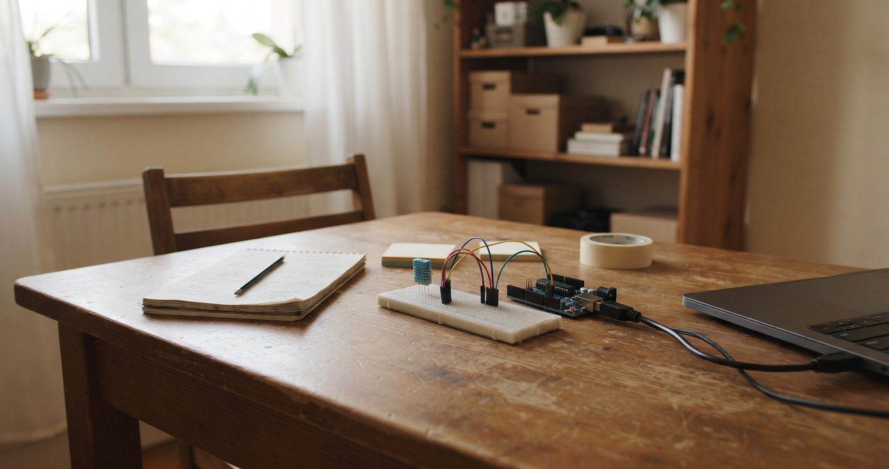 電子工作用の木製の机全体を引きで写した写真、ブレッドボードと温湿度センサーモジュール、Arduino互換ボード、USBケーブル、ノートが置かれ、奥に窓と棚が見える部屋の情景