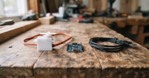 木製の作業机の上に白いプラスチックボディの小型サーボモーターとArduino互換ボード、USBケーブルが並べて置かれている情景