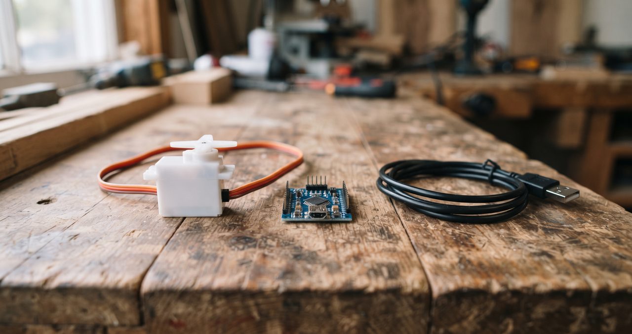 木製の作業机の上に白いプラスチックボディの小型サーボモーターとArduino互換ボード、USBケーブルが並べて置かれている情景