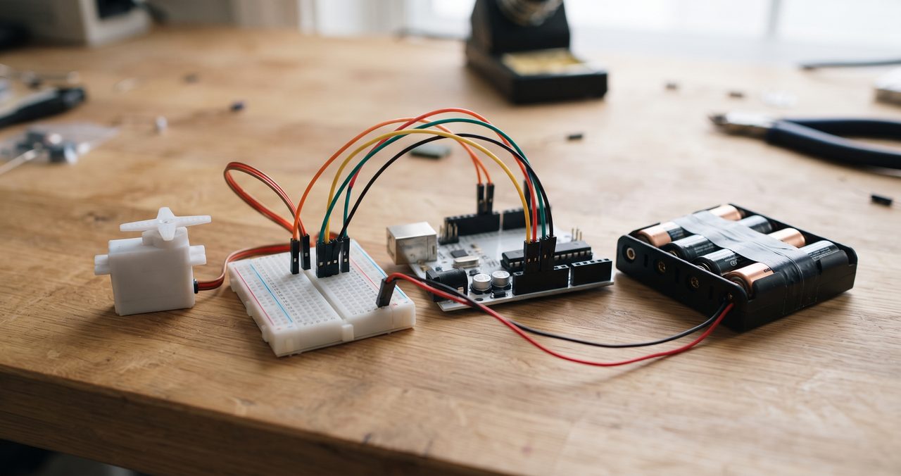 白い小型サーボモーターがブレッドボード経由でArduino互換ボードにつながれ、単三電池ボックスのような外部電源も一緒に配線されている物撮り写真