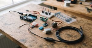 木製の机の上に小型モーターとセンサーモジュール数個、Arduino互換ボード、USBケーブルが自然に並べて置かれている情景