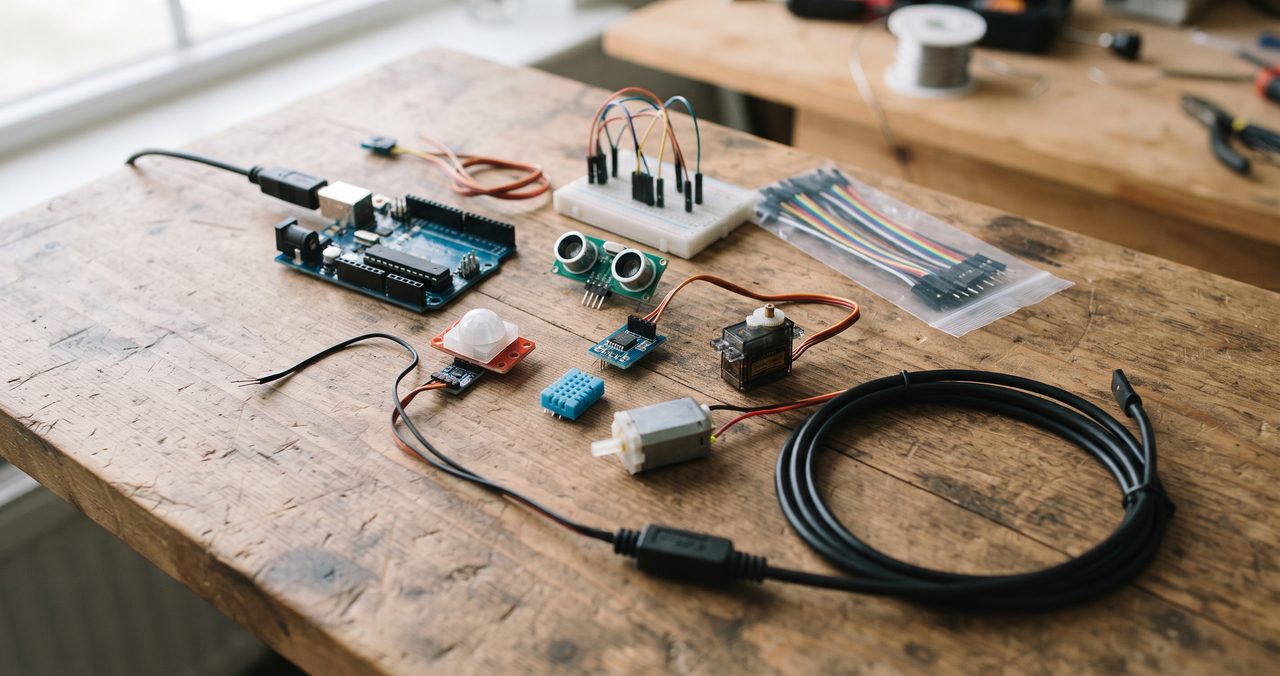 木製の机の上に小型モーターとセンサーモジュール数個、Arduino互換ボード、USBケーブルが自然に並べて置かれている情景