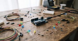 木製の机の上にマイコンボードと配線用のジャンパー線、LED、抵抗器などの電子部品が散らばっている、電子工作の入口をイメージさせる情景