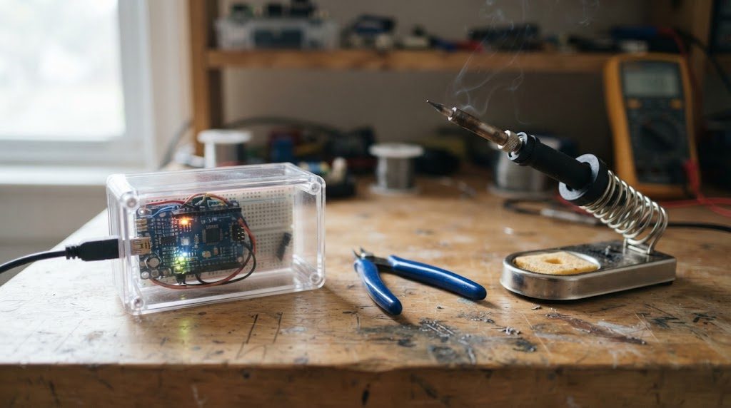 ケースに収めた電子工作の完成品の横に、ニッパーとはんだごてを並べた様子