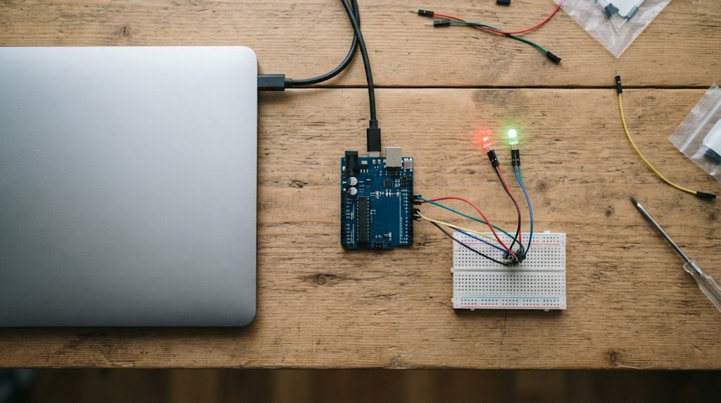 マイコンボード、USBケーブル、ノートパソコン、LEDなど最初に揃えるものを並べた様子