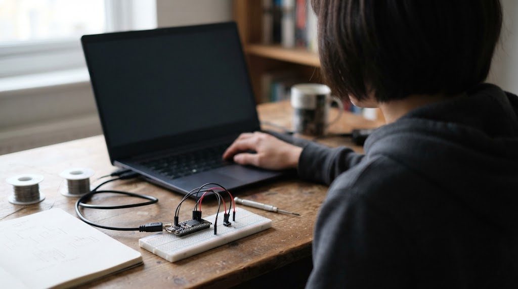 ノートパソコンでプログラムを書く人の後ろ姿と、手前のブレッドボードに挿さったタクトスイッチとマイコンボード