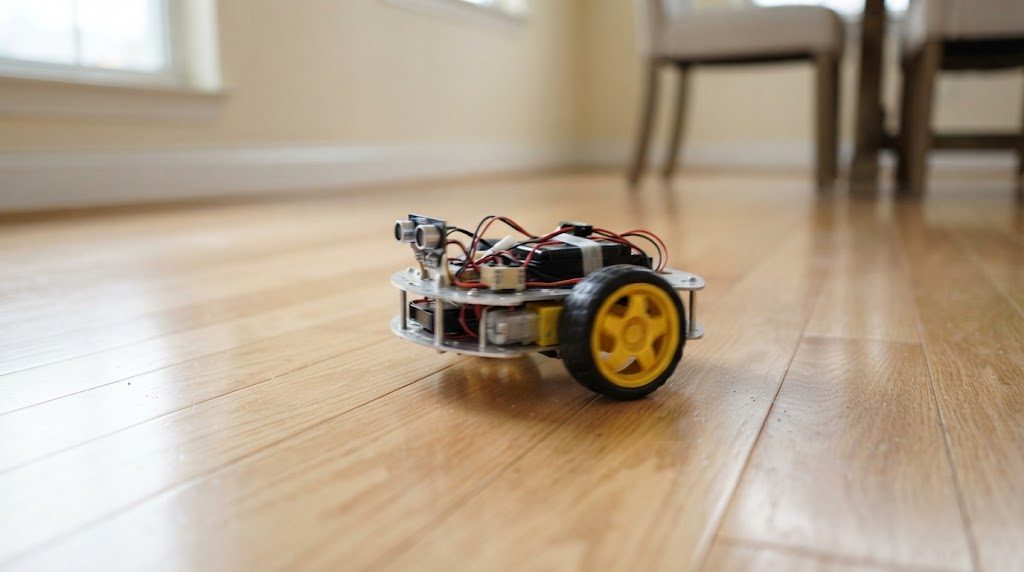 フローリングの床の上に置かれた、黄色いタイヤの小型の車輪ロボットを低い位置から撮った写真