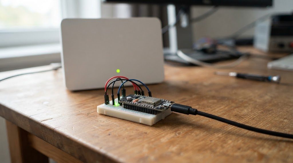 机の上でUSB給電されたマイコンボードと、後ろで緑のランプが点灯しているWi-Fiルーター