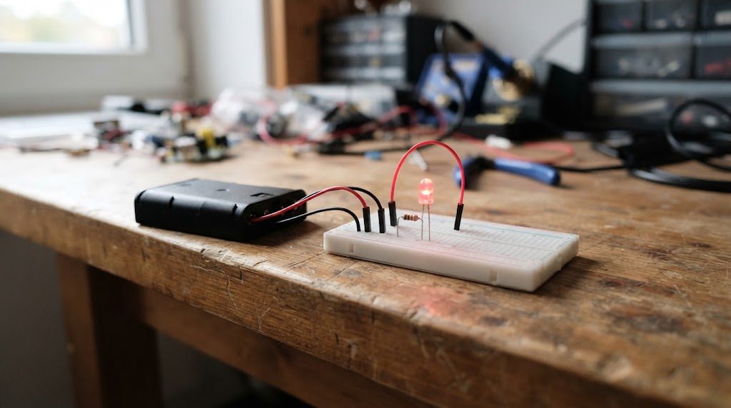机の上で電池ボックスから赤と黒のリード線がブレッドボードにつながれ、LEDが点灯している様子